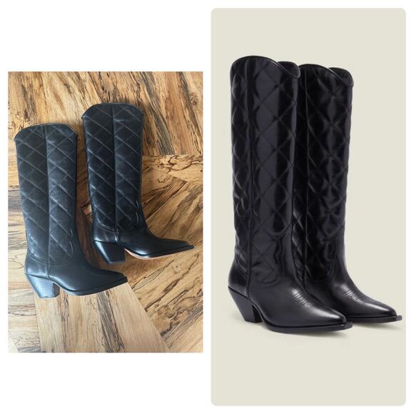 Sandro Quilted Leather Tall Cowboy Boots in Black - Picture 1 of 9